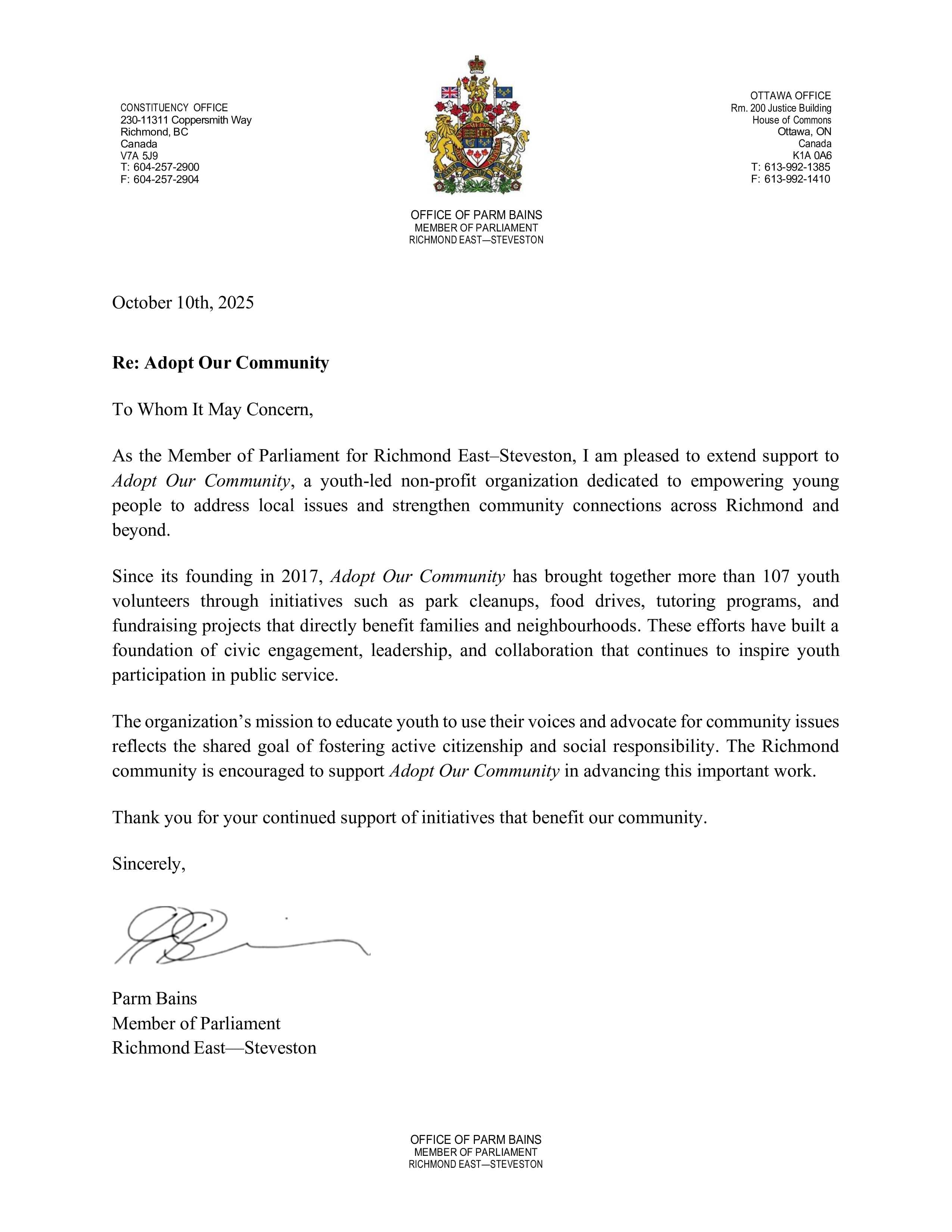 Adopt Our Community endorsement letter